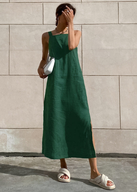 Capri Linen Dress – Open Back Maxi in Forest Green
