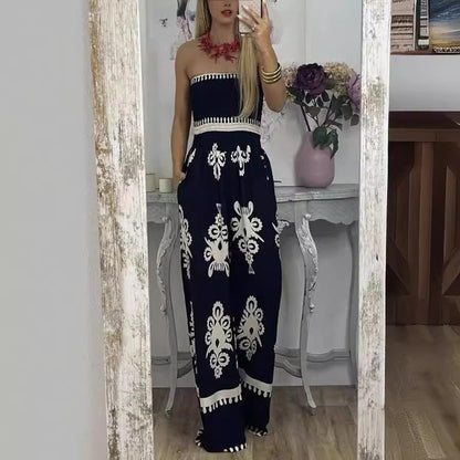Street Hipster Wrapped Chest Printed Jumpsuit High Waist Casual Pants Women