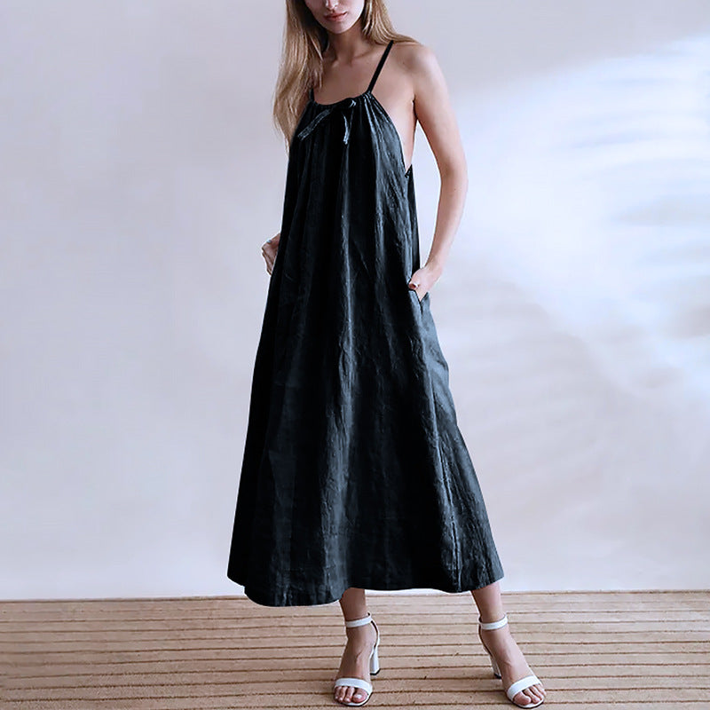 Summer Linen Cami Dress Halter Strap Reverse Cotton Linen Niche Design Maxi Dress Women Clothing
