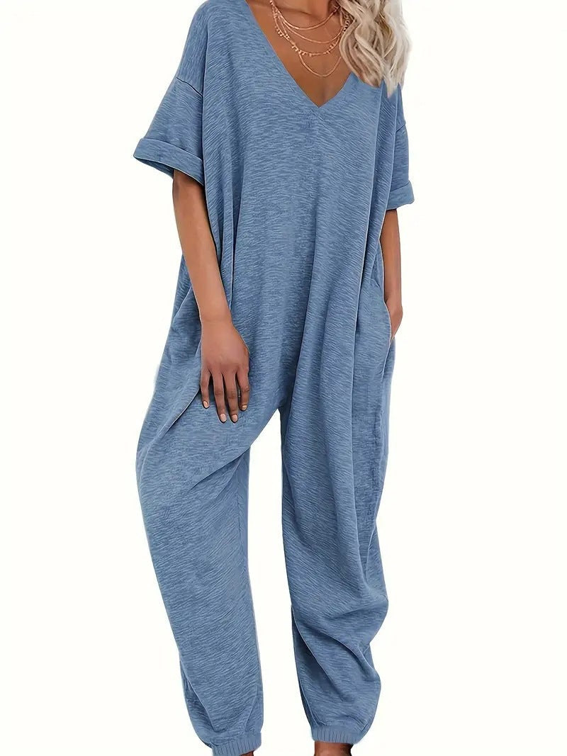 V neck Jumpsuit Short Sleeve Length Jumpsuit Ankle Tied Loose Overalls