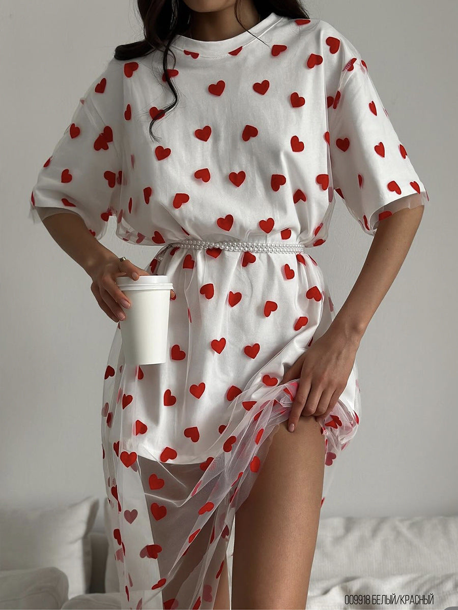 Sexy Women Clothing Long Heart Mesh Stitching Loose Short Sleeve T shirt Dress