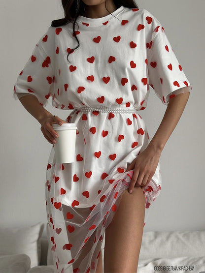 Sexy Women Clothing Long Heart Mesh Stitching Loose Short Sleeve T shirt Dress