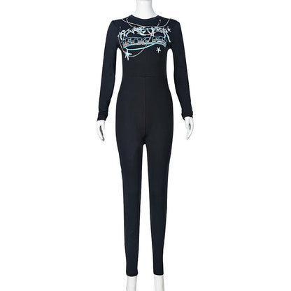 One Piece Women Clothing Print round Neck Long Sleeve Stretchy Slim Fit Tight Jumpsuit