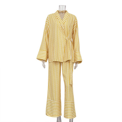 Women’ Clothing Autumn Striped Long Sleeve Loose Lace up Top High Waist Trousers Casual Set