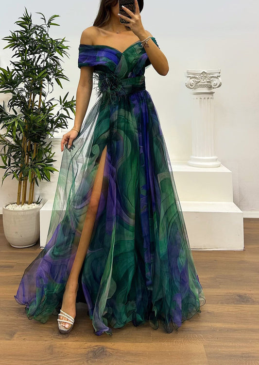 Fairy Flower Feather Pendant Elegant Fallen Fold Off Shoulder Party Split Design Long Dress