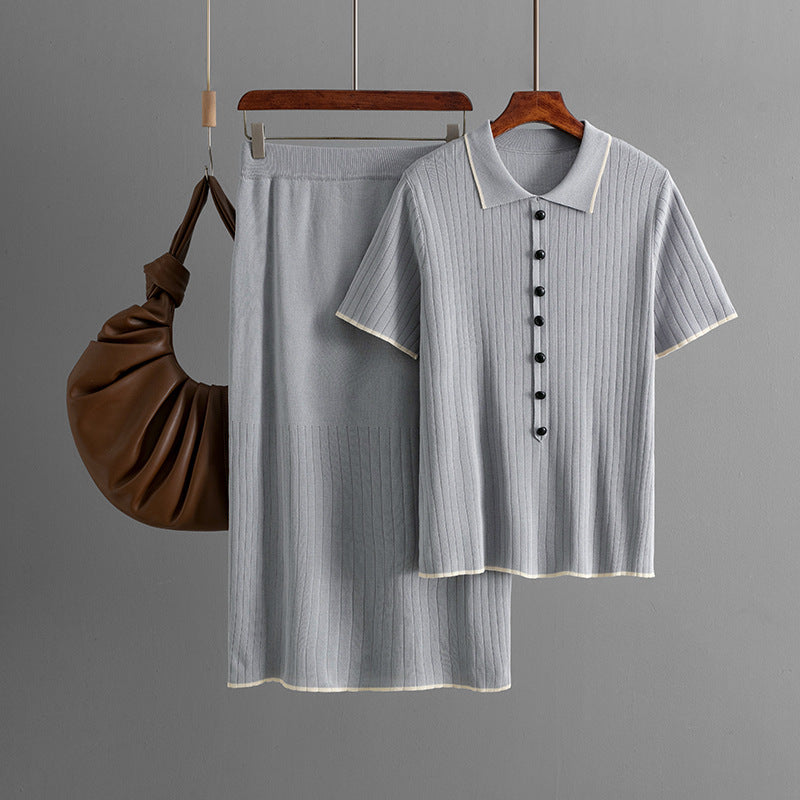 Women Clothing Elegant Knitted Skirt Set Spring Summer Polo Collar Two Piece Set
