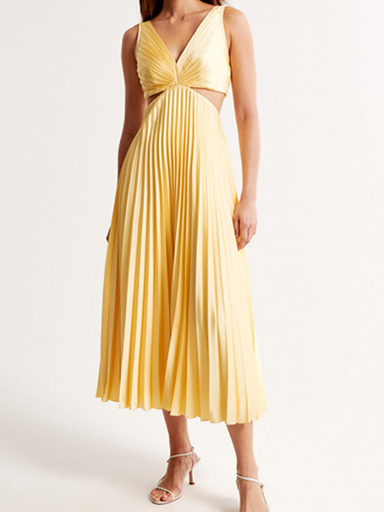 Summer Social Stain Pleated Cutout Waist Loose Midi Dress