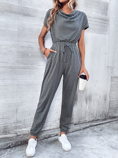 Women Clothing Short Sleeved Casual Wide Leg Jumpsuit