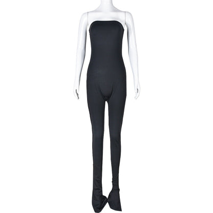 Women Clothing off Neck Stitching High Elastic Slit Slim Fitting Jumpsuit