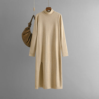 Half Turtleneck Knitted Dress Women Autumn Winter Solid Color Slit Long Sleeve Bottoming Trousers Inner Wear Woolen Dress