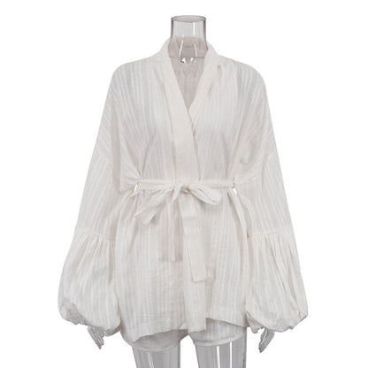 Women Casual Women Cotton Lace up Loose Long Sleeve Cardigan Top Shorts Two Piece Sets