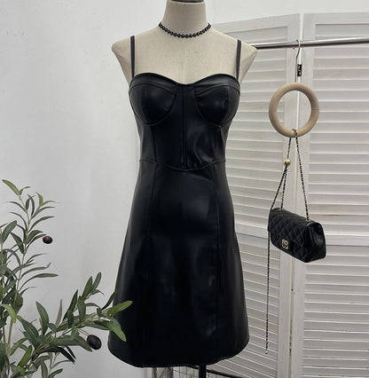 Real Shot Sexy Sling Sheath A line Faux Leather Waist Slimming Short Chest Pad Dress