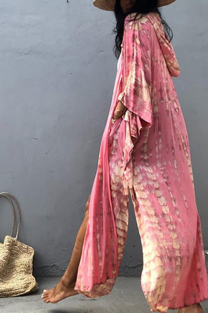 Boho Tie-dye Print Hooded Kimono Cover-up