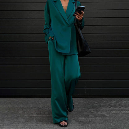 Casual Green Satin Suit Two Piece Set Western Women Clothing High End