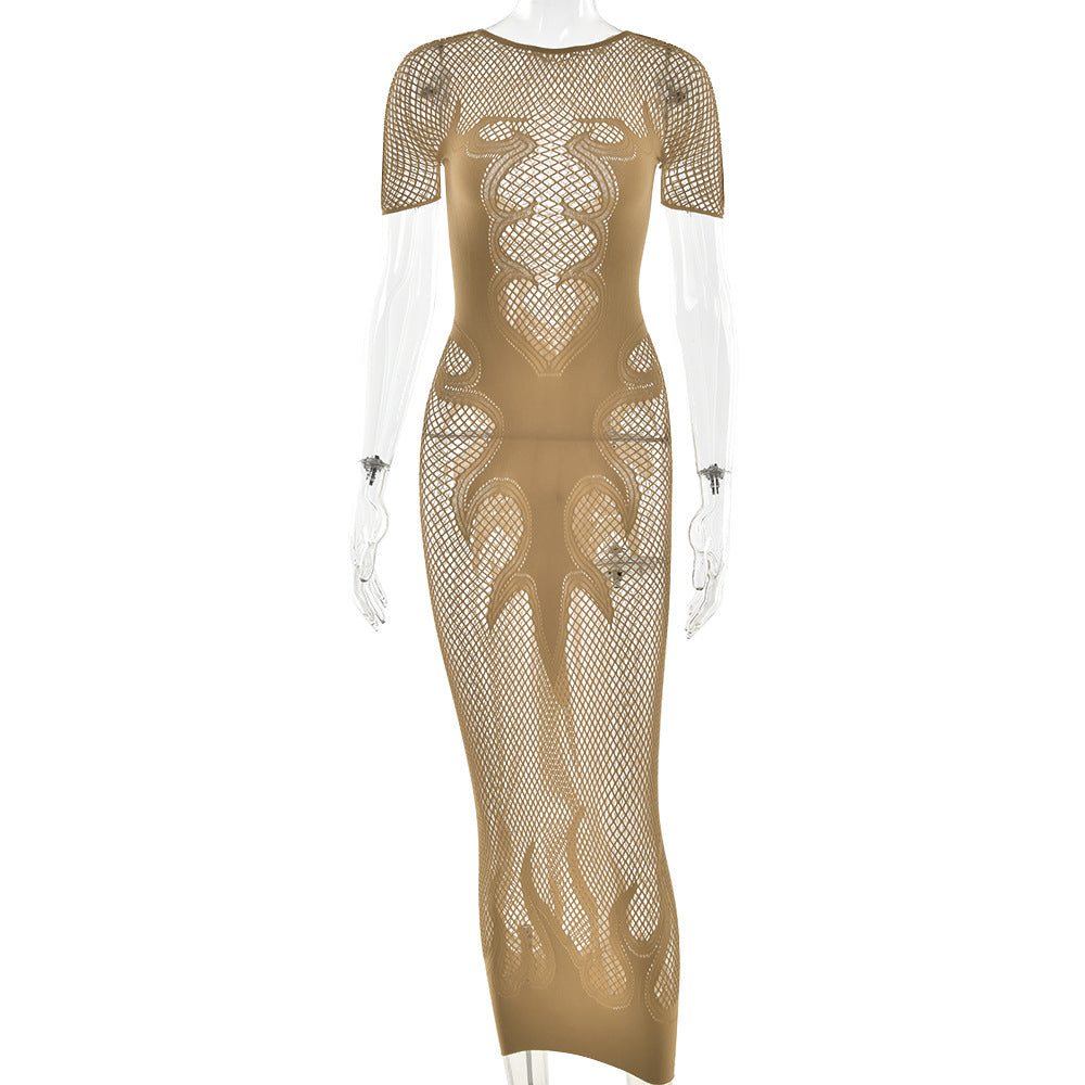 Sexy Cutout See through Tight Dress Sexy Flame Details Fishnet round Neck Dress