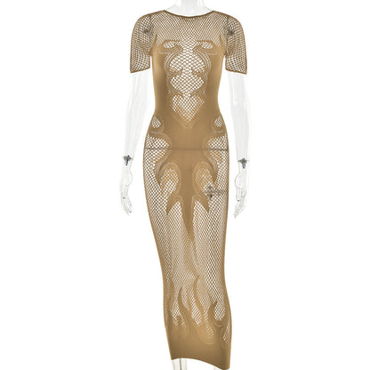 Sexy Cutout See through Tight Dress Sexy Flame Details Fishnet round Neck Dress