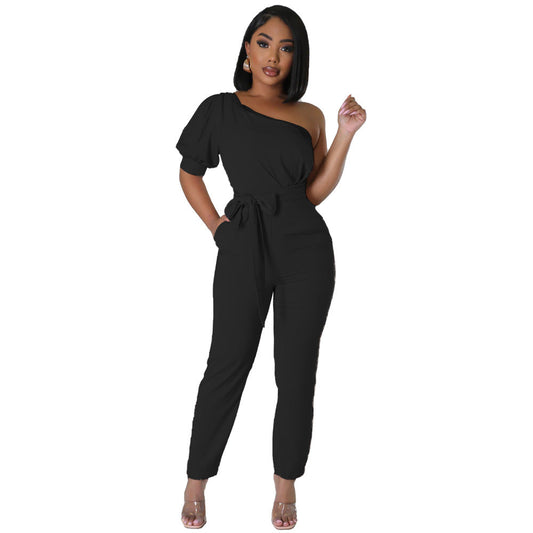 One Shoulder High Waist Backless Slim Tapered Trousers Women Jumpsuit