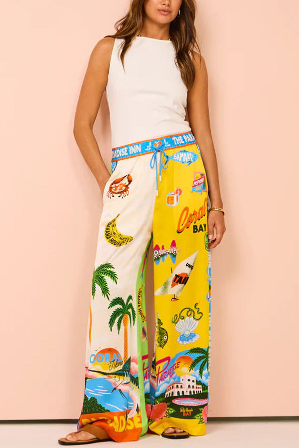 Graffiti Printing Satin Short Sleeve Collared Shirt Trousers Casual Two Piece Suit