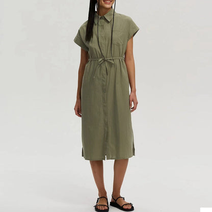 Women Clothes Collared Loose Long Shirt Dress Single Breasted Waist Dress