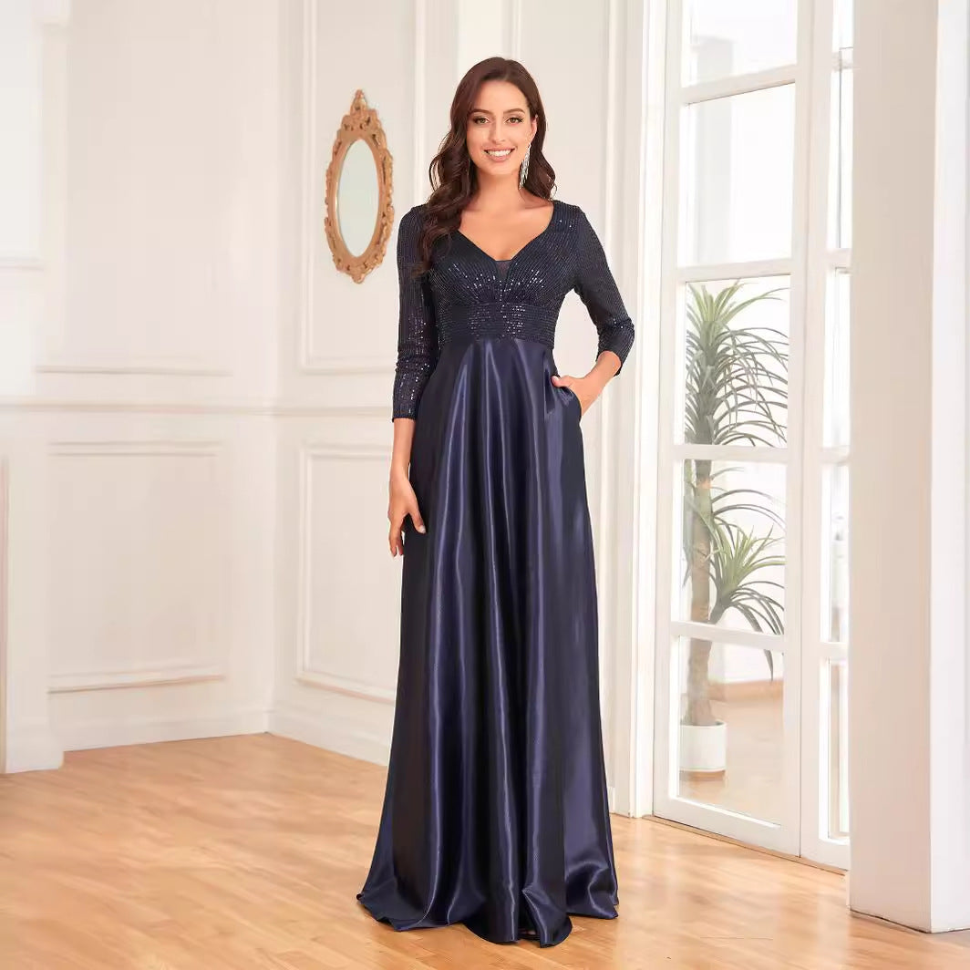 Blue Color Sequin V neck Long Sleeve Dress Satin Dress Slim Fit A line Dress Bridesmaid Cocktail Evening Dress
