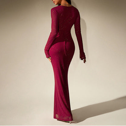 Mesh Square Silver Strip Dress Sexy V neck Hip Long Sleeve Tied Maxi Dress
