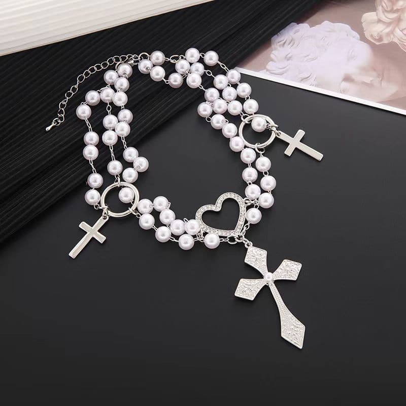 O ring faux pearl layered cross pendant choker necklace  | Festival Outfits Women