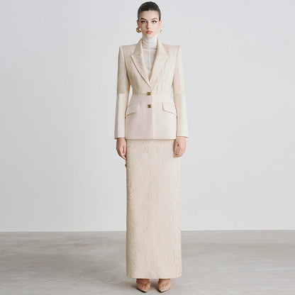 Jacquard Stitching Blazer with Skirt Long Skirt Two Piece Set