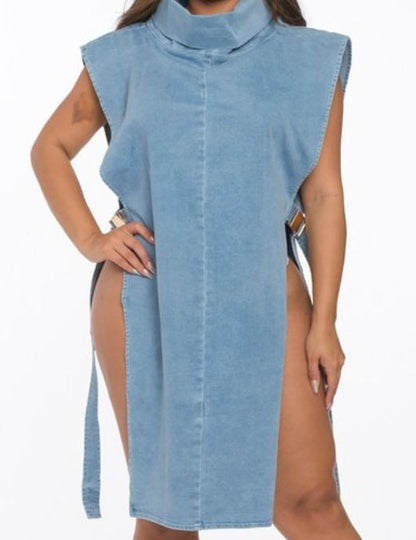 Denim Dress Sexy Cutout Washed Turtleneck Dress Women