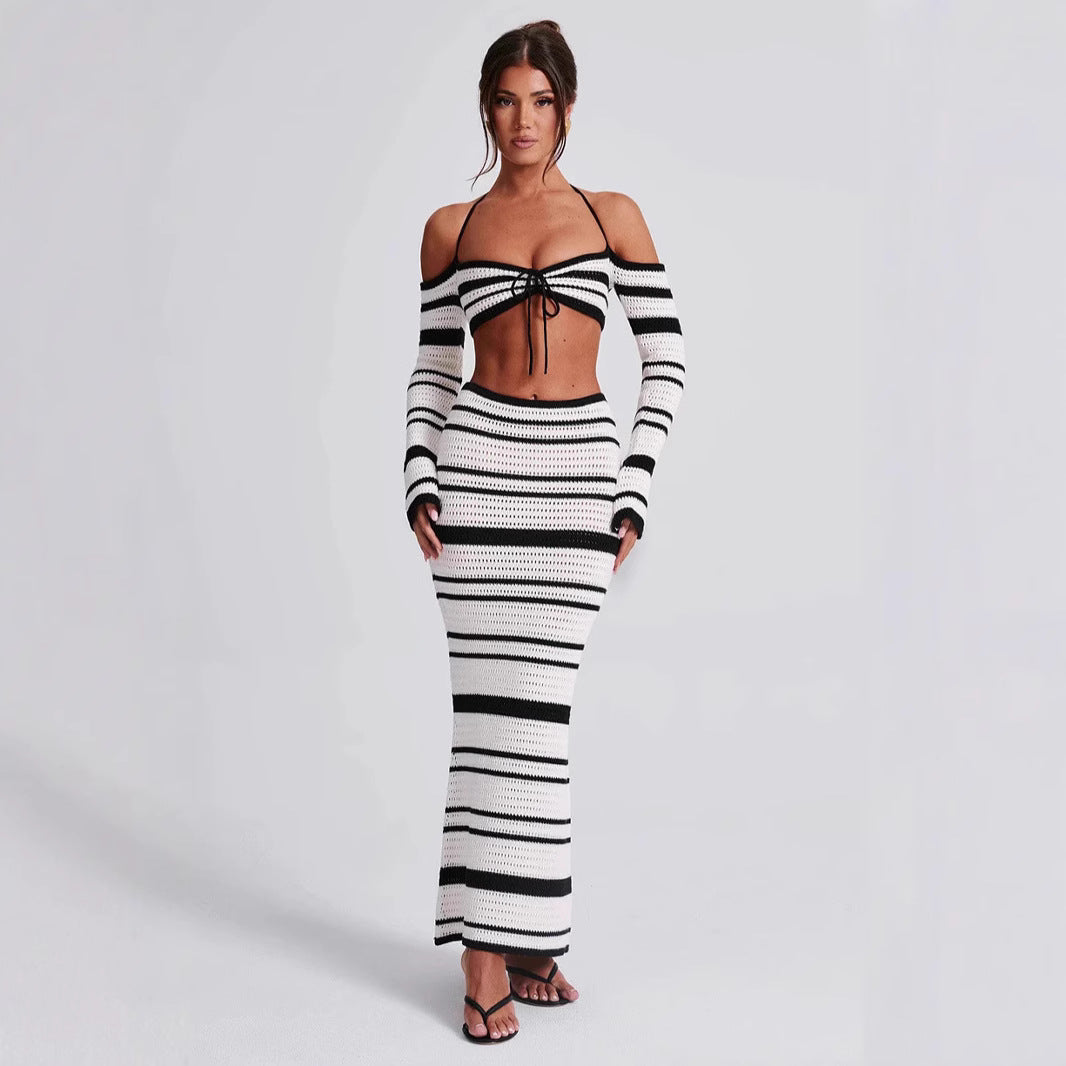 Sexy Women Summer Striped Long Sleeve Halter Top Skirt Two Piece Set for Women