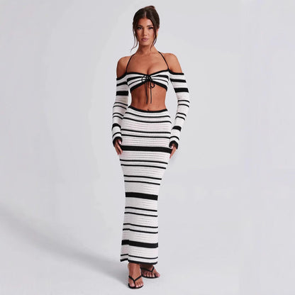 Sexy Women Summer Striped Long Sleeve Halter Top Skirt Two Piece Set for Women