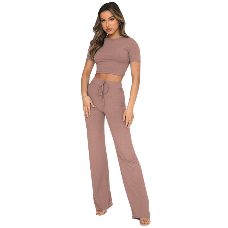 Casual Set Women Solid Color High-Elastic Body Shaping Short Sleeve Sunken Stripe Wide Leg Pants Two-Piece Set