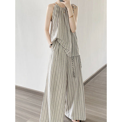 Retro Casual Striped Suit Women Summer Suspender Top Wide Leg Pants Two Piece Set