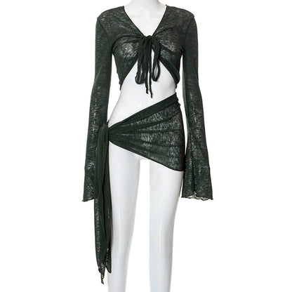 Mesh See through Tied Long Sleeves Tank Top Casual Mid Length Skirt Set Summer Women Clothing