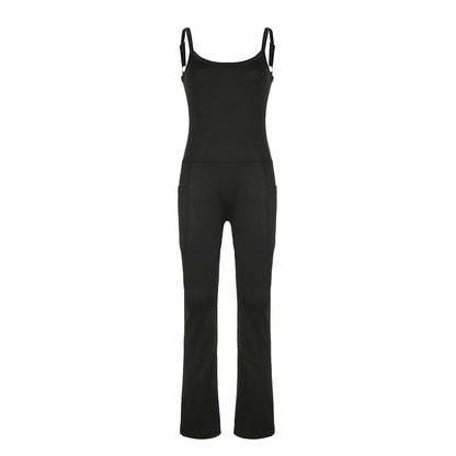 Sports Solid Color Pocket Stitching Simple Yoga Casual Sling One Piece Trousers