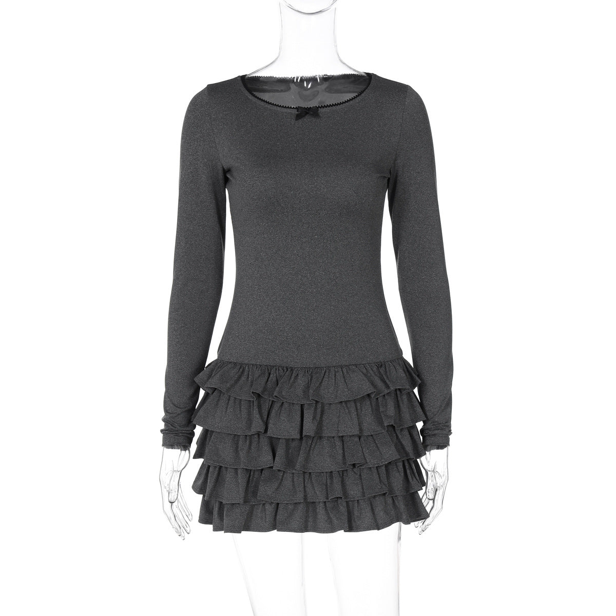 Winter Fashionable Pleated Stacking Lotus Leaf round Neck Slim Fit Sheath Dress Puffy dress