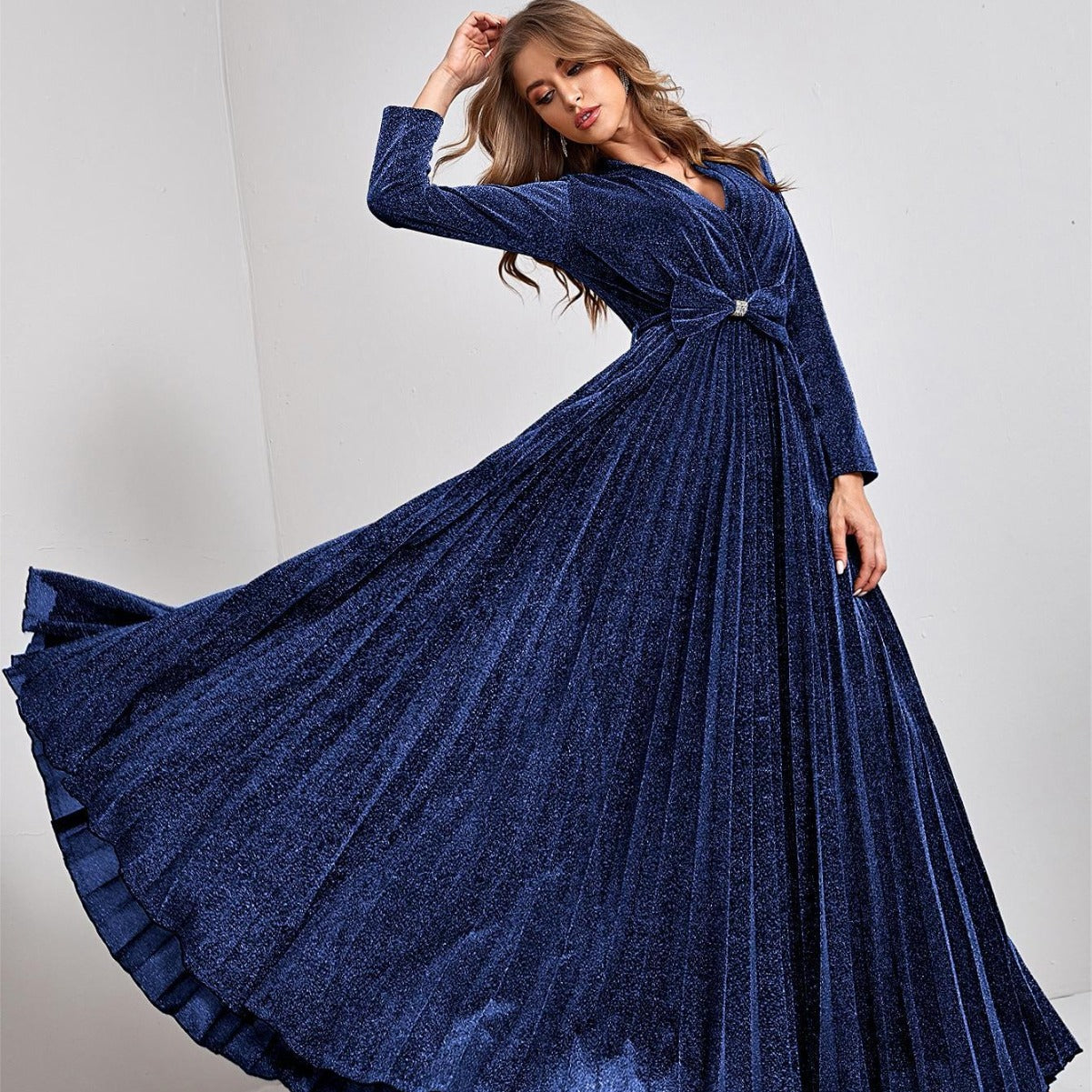 Evening Dress V neck Long Sleeve Big Hem Elegant Dance Dress Party Dress Bridesmaid Dress