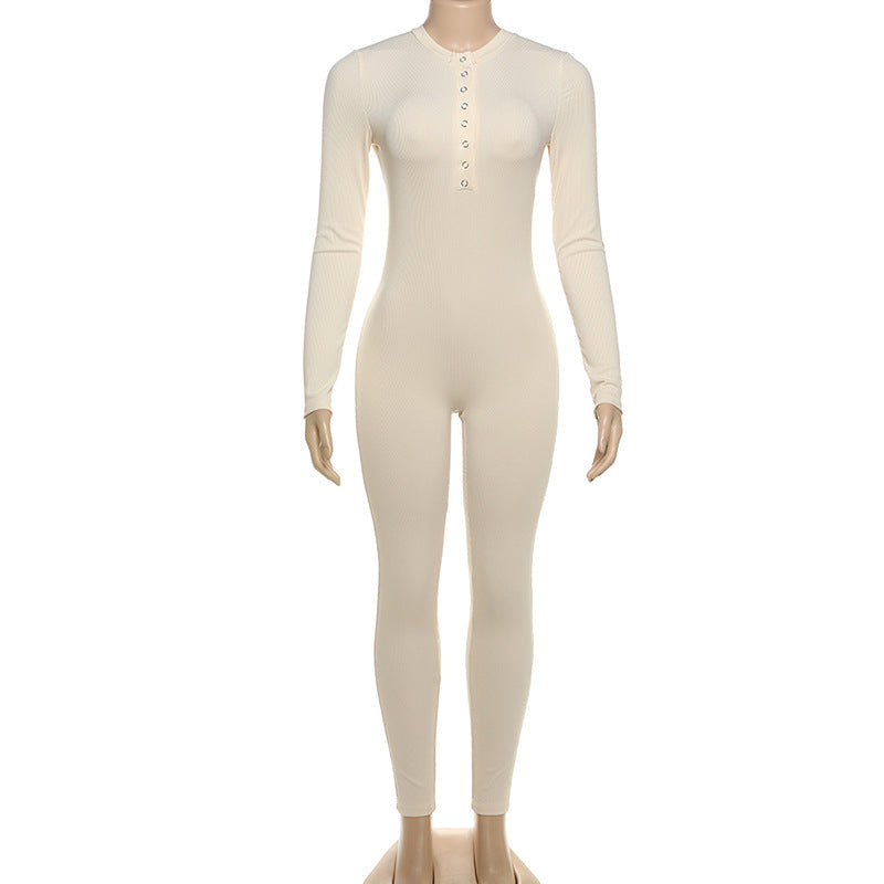 Winter Women Clothing Casual Solid Color Rib Fabric Long Sleeve round Neck Button Slim Fit One Piece Trousers