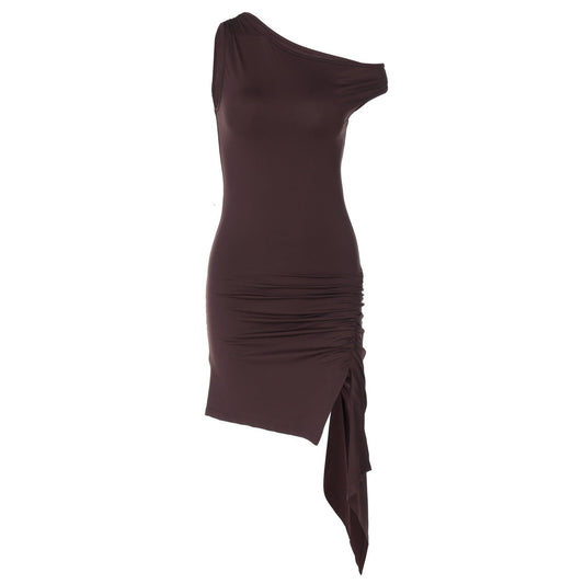 Spring Women Clothing Solid Color Diagonal Collar One Shoulder Irregular Asymmetric Ruffle Hip Dress Women