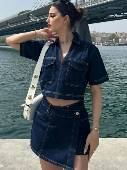 Workwear Denim Culottes Women Summer V neck Short Sleeved Top Summer Women Sexy High Waist Irregular Asymmetric