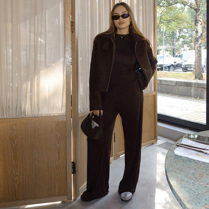 Women Autumn Casual Solid Color round Neck Long Sleeve Basic Wide Leg Pants Set