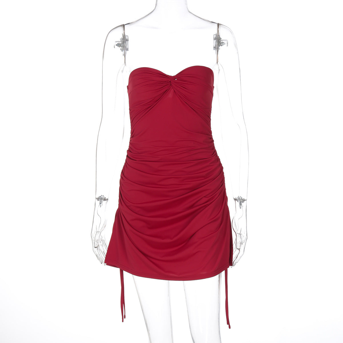 Women Spring Clothing Solid Color Sexy Twist Wrapped Chest Pleated Ultra Short Drawstring Dress