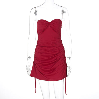 Women Spring Clothing Solid Color Sexy Twist Wrapped Chest Pleated Ultra Short Drawstring Dress