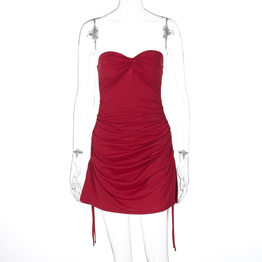 Women Spring Clothing Solid Color Sexy Twist Wrapped Chest Pleated Ultra Short Drawstring Dress