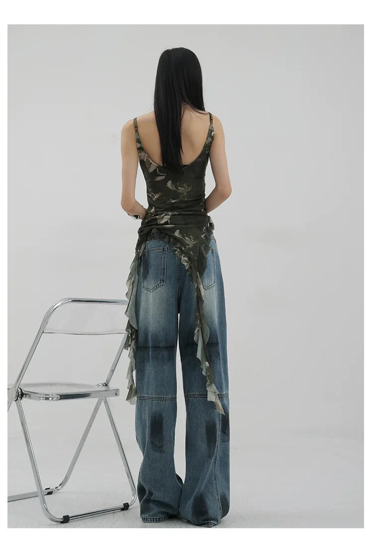 Vintage Distressed And Dirt-Dyed Patchwork Wide-Leg Jeans