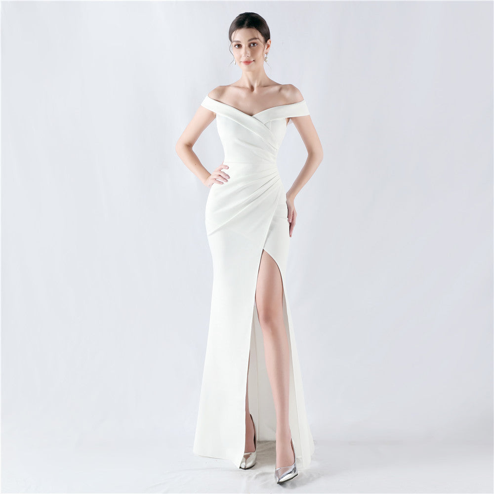 Classic off Shoulder High Fork Fishtail Satin Evening Dress