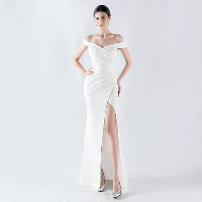 Classic off Shoulder High Fork Fishtail Satin Evening Dress