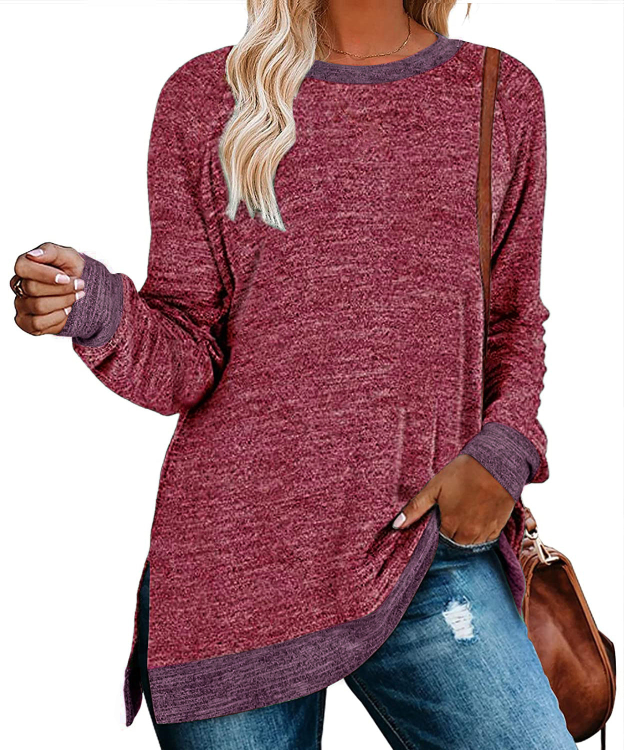 Women Clothing Long Sleeve round Neck Multicolor Split Top Loose Casual Pullover T shirt