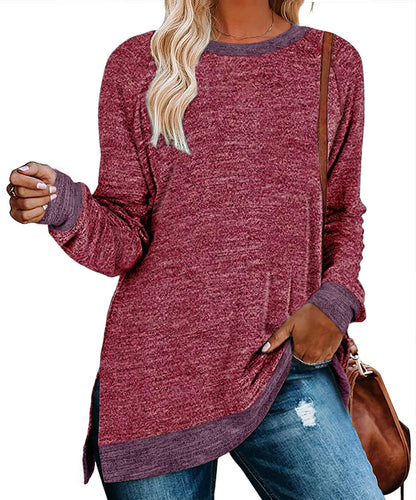 Women Clothing Long Sleeve round Neck Multicolor Split Top Loose Casual Pullover T shirt