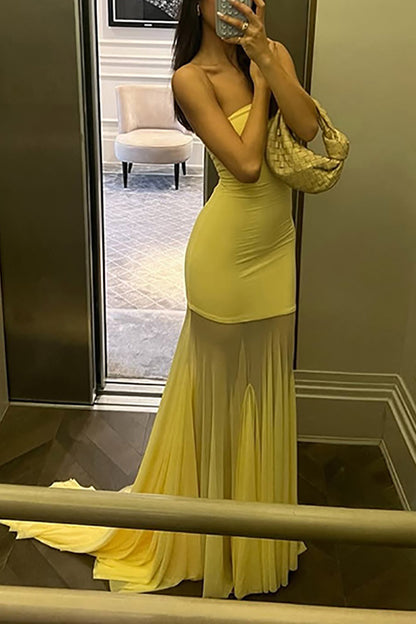 Solid Color Sleeveless Off-shoulder Mesh-paneled Fitted Maxi Dress