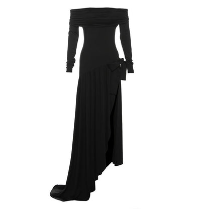Women Clothing Autumn Winter Sexy off Shoulder Hollow Out Cutout Solid Color Bow Long Sleeve Split Dress Women